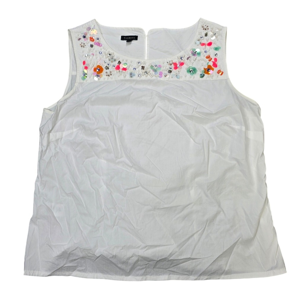 Talbots Shell Top Women's Size 10 White Floral Beaded Sequin Embellished Cotton